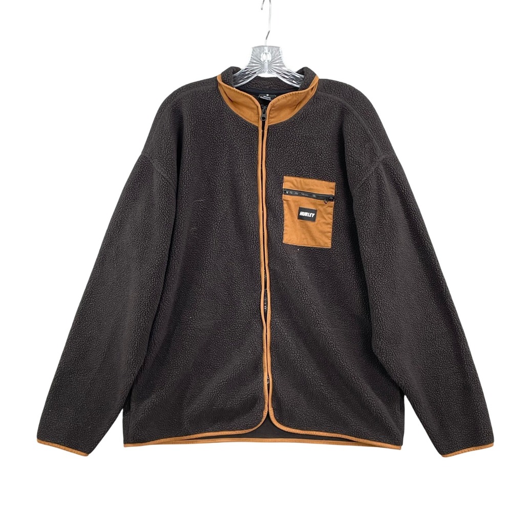 Hurley Full Zip Fleece Jacket Mens Medium Charcoal Tan Mock Neck Surf Skate Hike